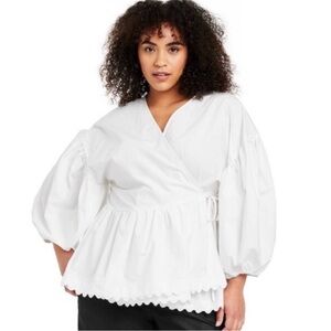 Kika Vargas for Target white cotton poplin wrap blouse puff sleeves scallop hem